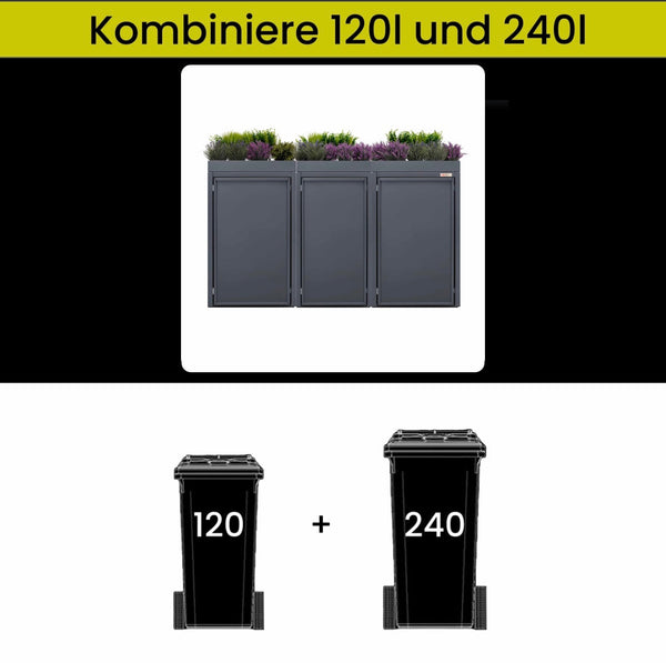 120-240 Stahlfred Kombination mit Pflanzdach Pflanzdach Stahlfred 7016 Anthrazit, kombinierte Version 120 und 240 Liter, Müllbehälter Abdeckung